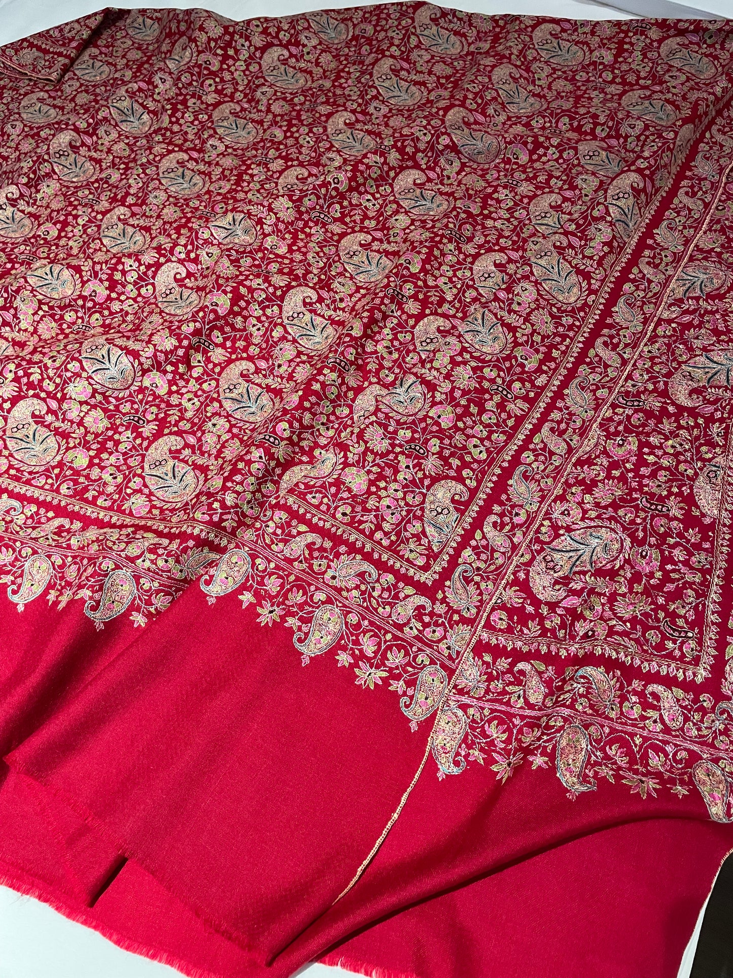 Badaamdar Collector's Exclusive Premium Pashmina Red Handmade Luxury Sozni Embroidered Cashmere Wrap/Shawl