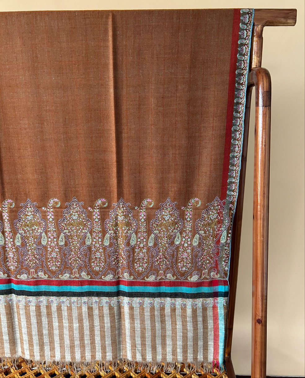 Coffee Brown Collector's Exclusive Vintage-Old Palla Silk Embroidery Handmade Kashmir Pashmina Shawl