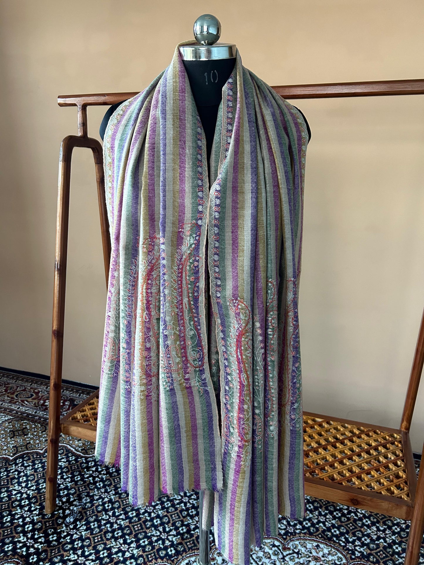 Collector's Exclusive Old Vintage Cashm-e-BulBul Striped Silk Embroidery Handmade Kashmir Pashmina Cashmere Shawl.