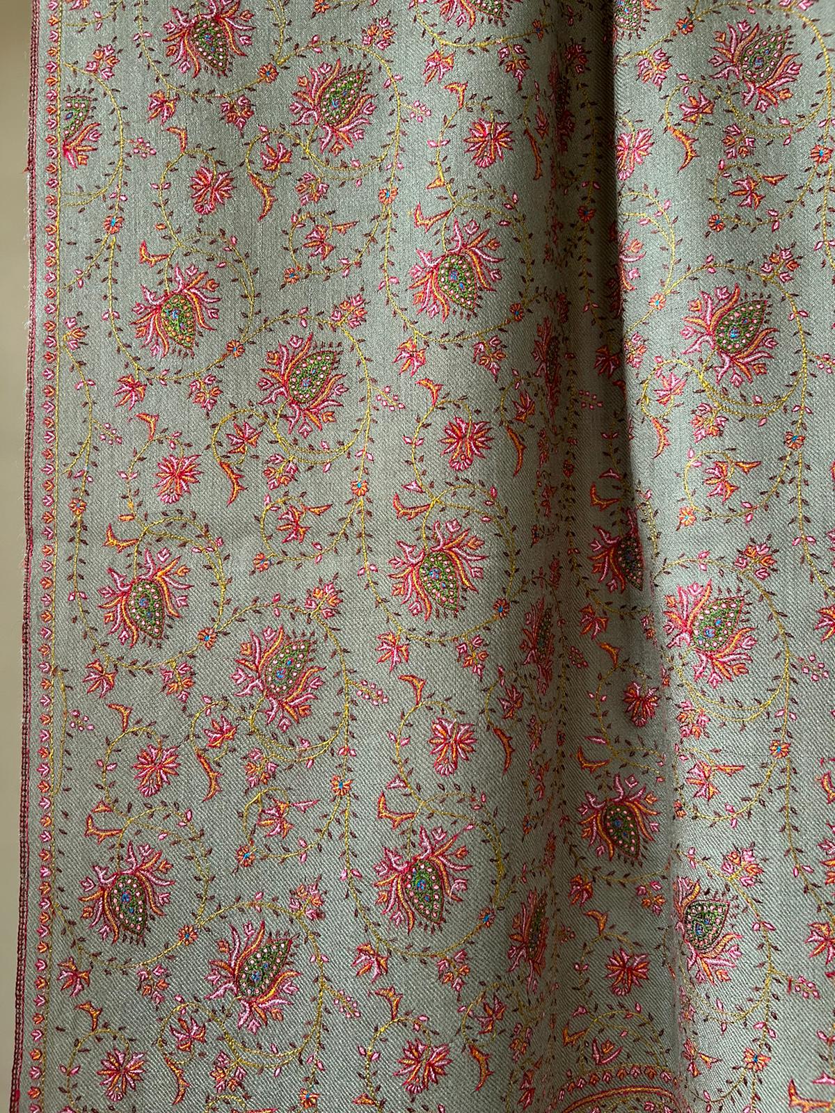 Beige GI Kashmir Pure Handmade Silk Embroidery Heavy Work Neem Jaal