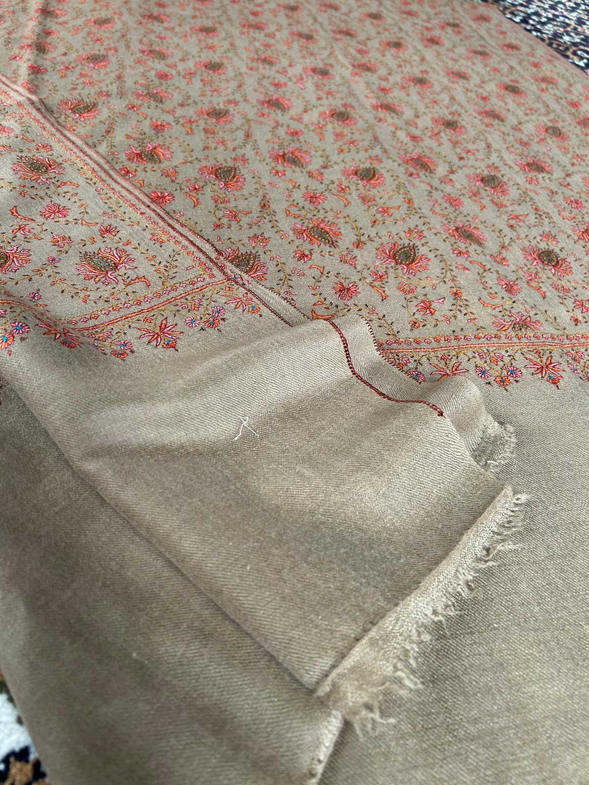 Beige GI Kashmir Pure Handmade Silk Embroidery Heavy Work Neem Jaal