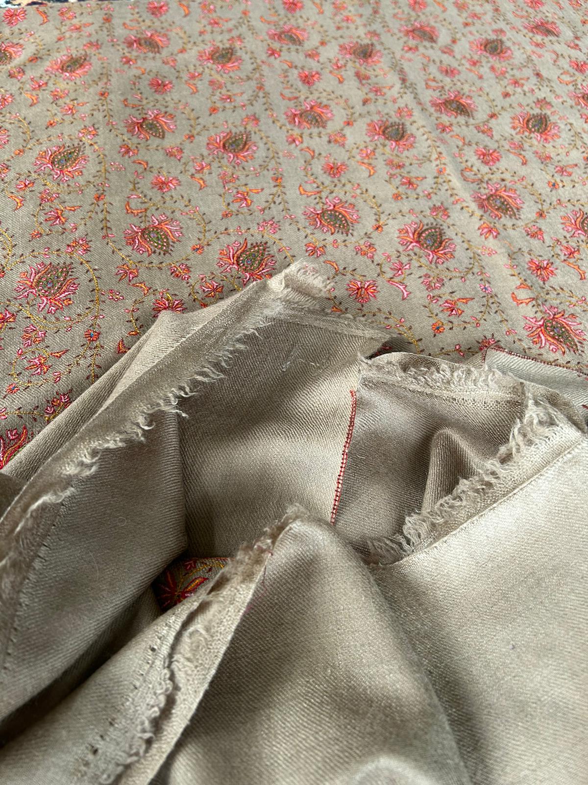 Beige GI Kashmir Pure Handmade Silk Embroidery Heavy Work Neem Jaal