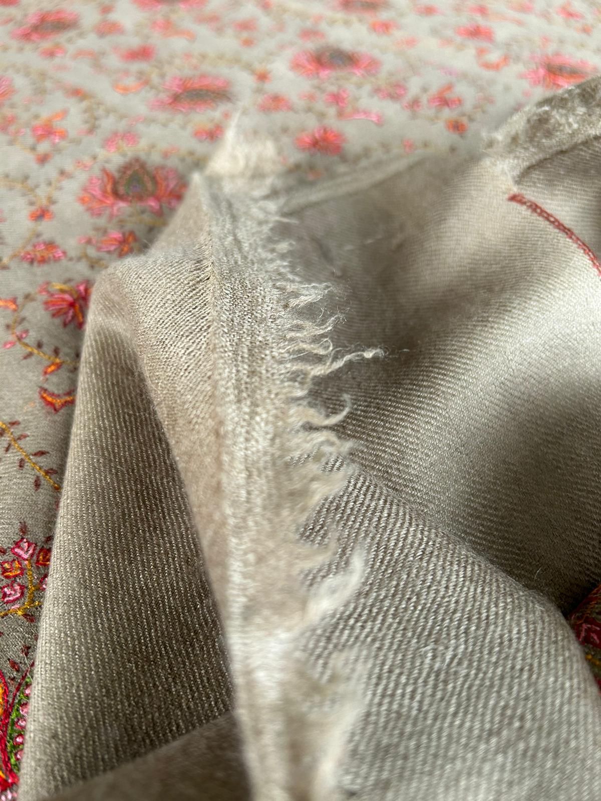 Beige GI Kashmir Pure Handmade Silk Embroidery Heavy Work Neem Jaal