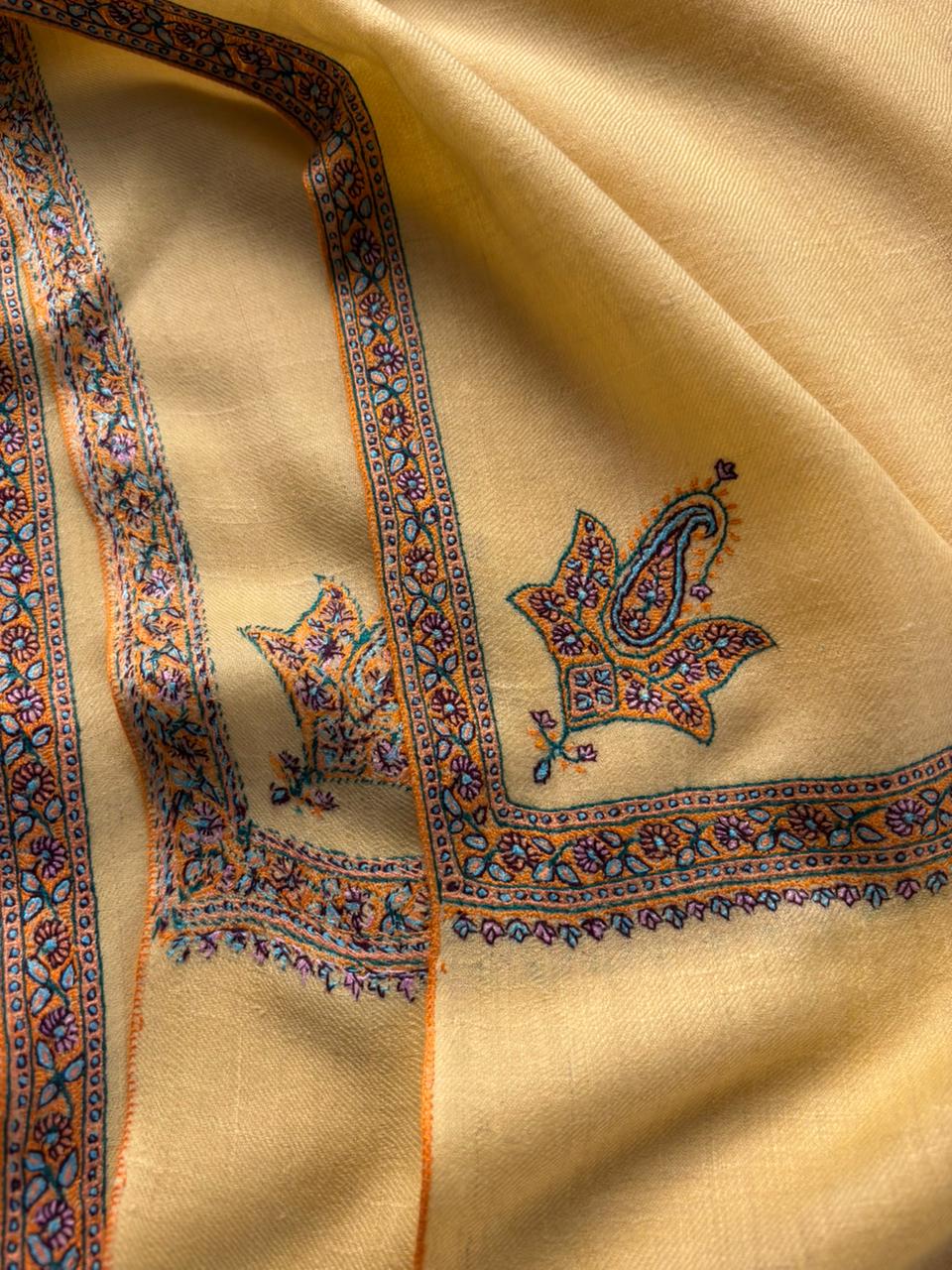 Ginger Yellow Pashmina Cashmere Silk Embroidery Hashidar