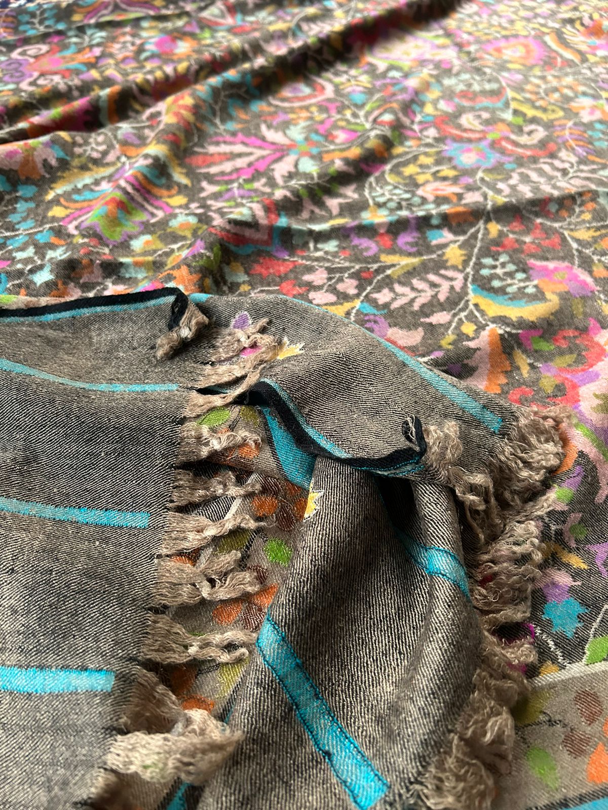 Carbon Black Pure Kashmir Handmade 80x40 inches Cashmere Pashmina Kani Jamawar Shawl