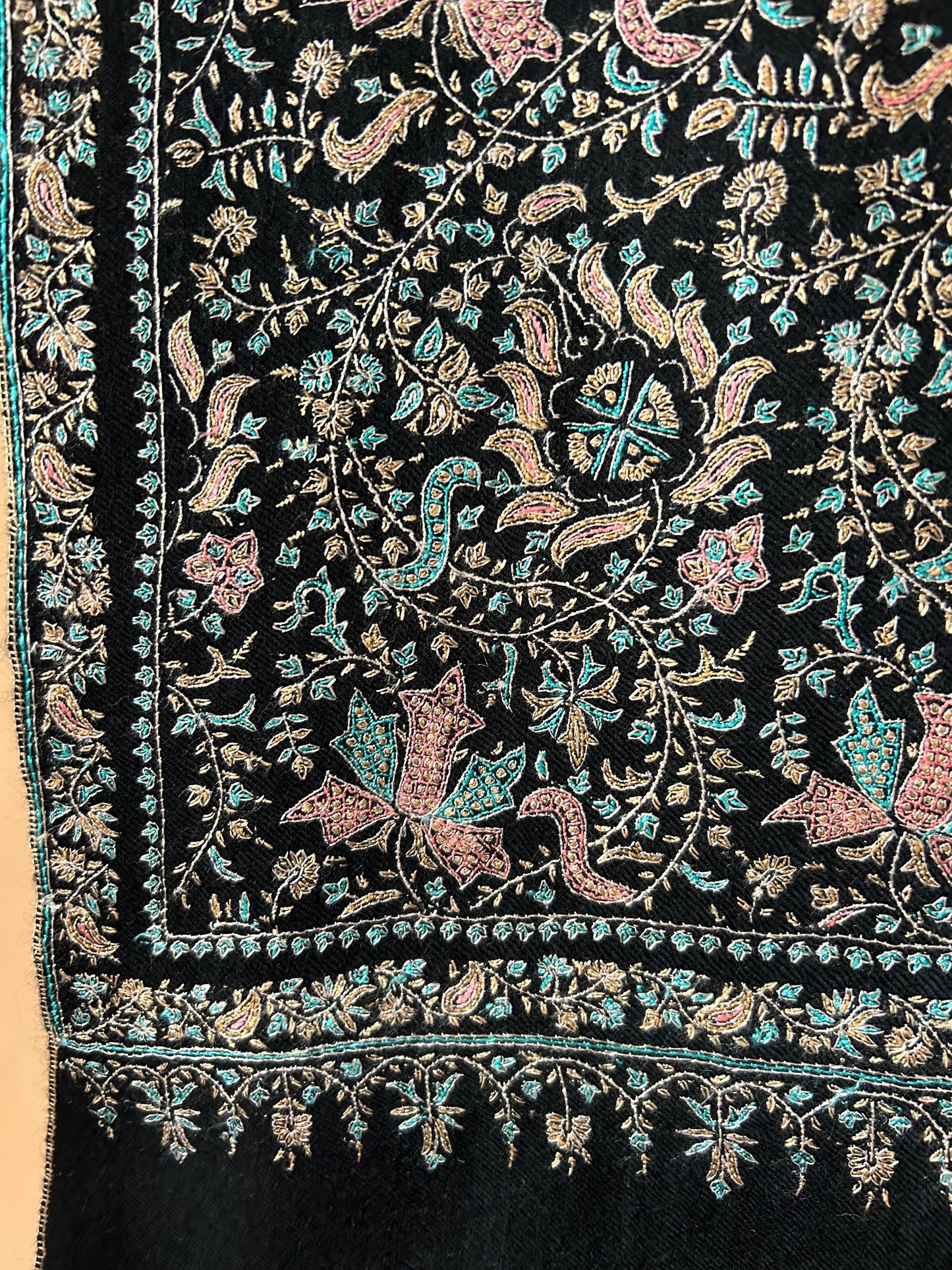 Jet Black Exclusive Reshamkaar(Silk Embroidery) Pure Pashmina Jamawar Shawl