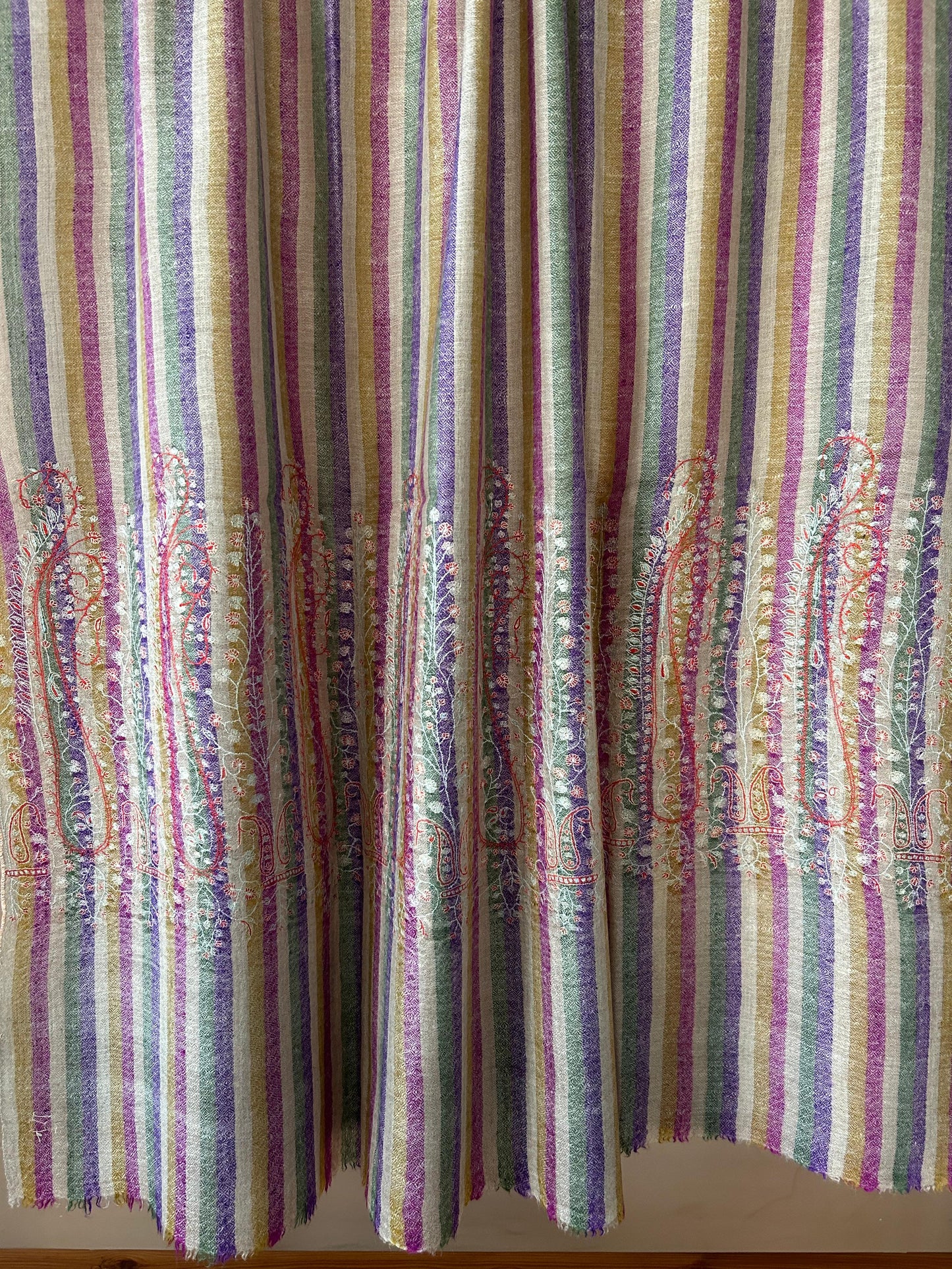 Collector's Exclusive Old Vintage Cashm-e-BulBul Striped Silk Embroidery Handmade Kashmir Pashmina Cashmere Shawl.