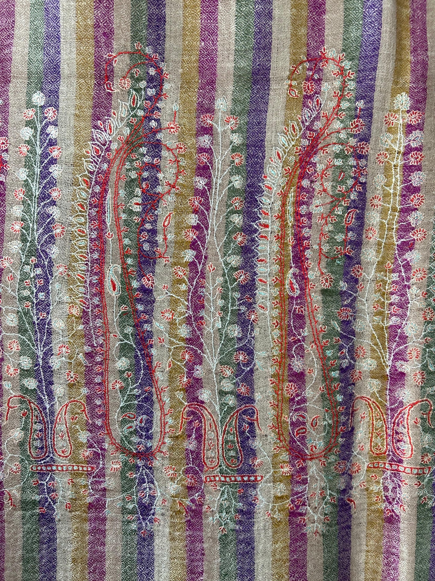 Collector's Exclusive Old Vintage Cashm-e-BulBul Striped Silk Embroidery Handmade Kashmir Pashmina Cashmere Shawl.