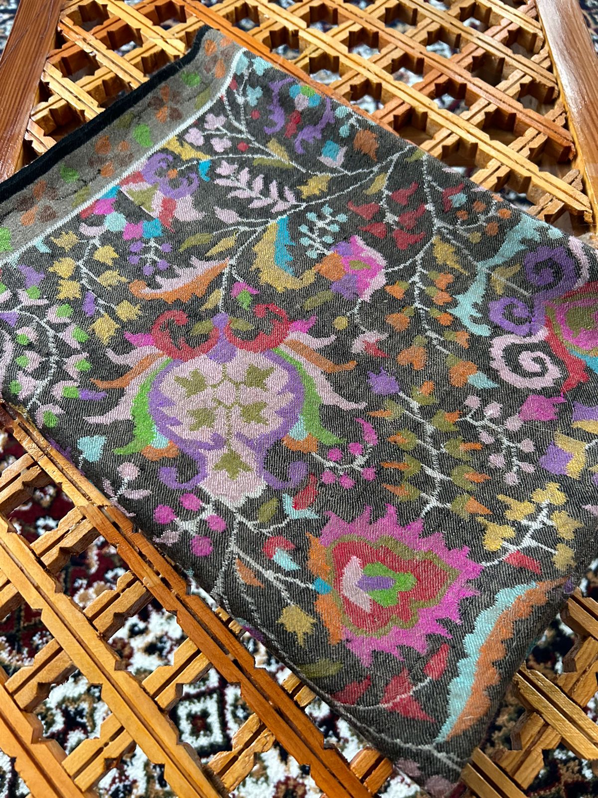 Carbon Black Pure Kashmir Handmade 80x40 inches Cashmere Pashmina Kani Jamawar Shawl