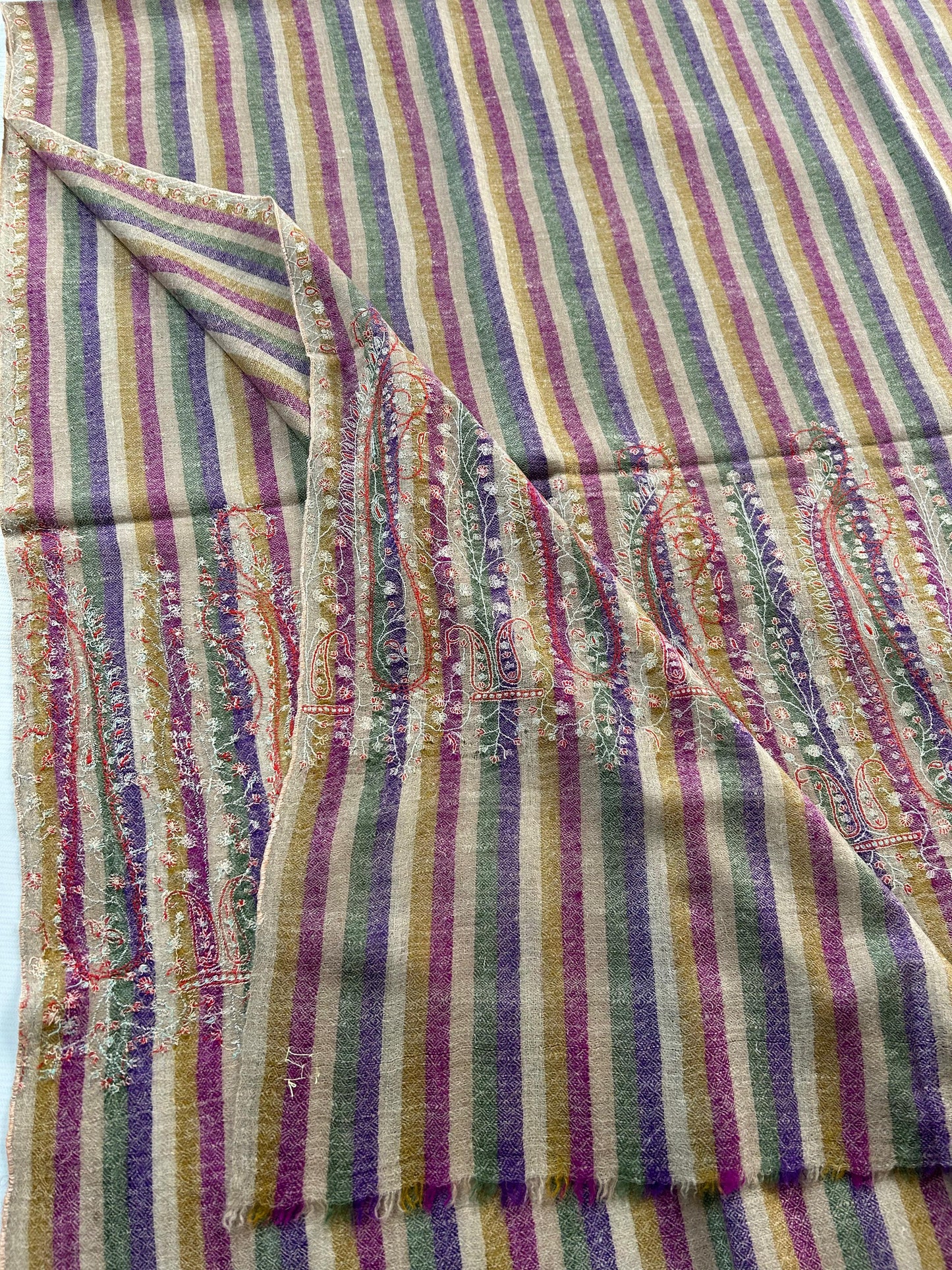 Collector's Exclusive Old Vintage Cashm-e-BulBul Striped Silk Embroidery Handmade Kashmir Pashmina Cashmere Shawl.