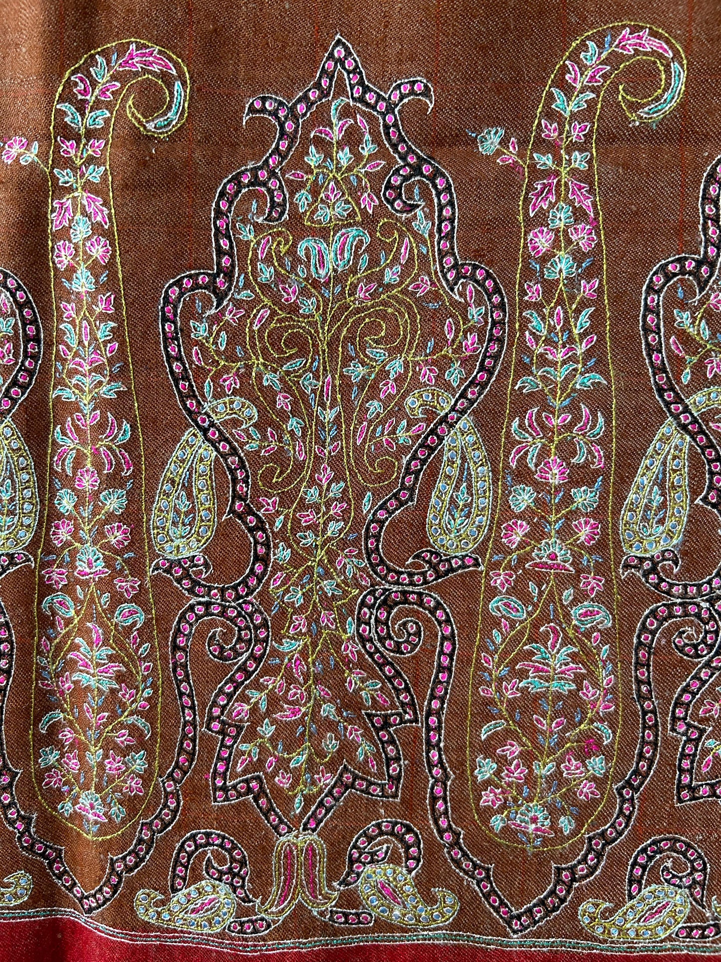 Coffee Brown Collector's Exclusive Vintage-Old Palla Silk Embroidery Handmade Kashmir Pashmina Shawl