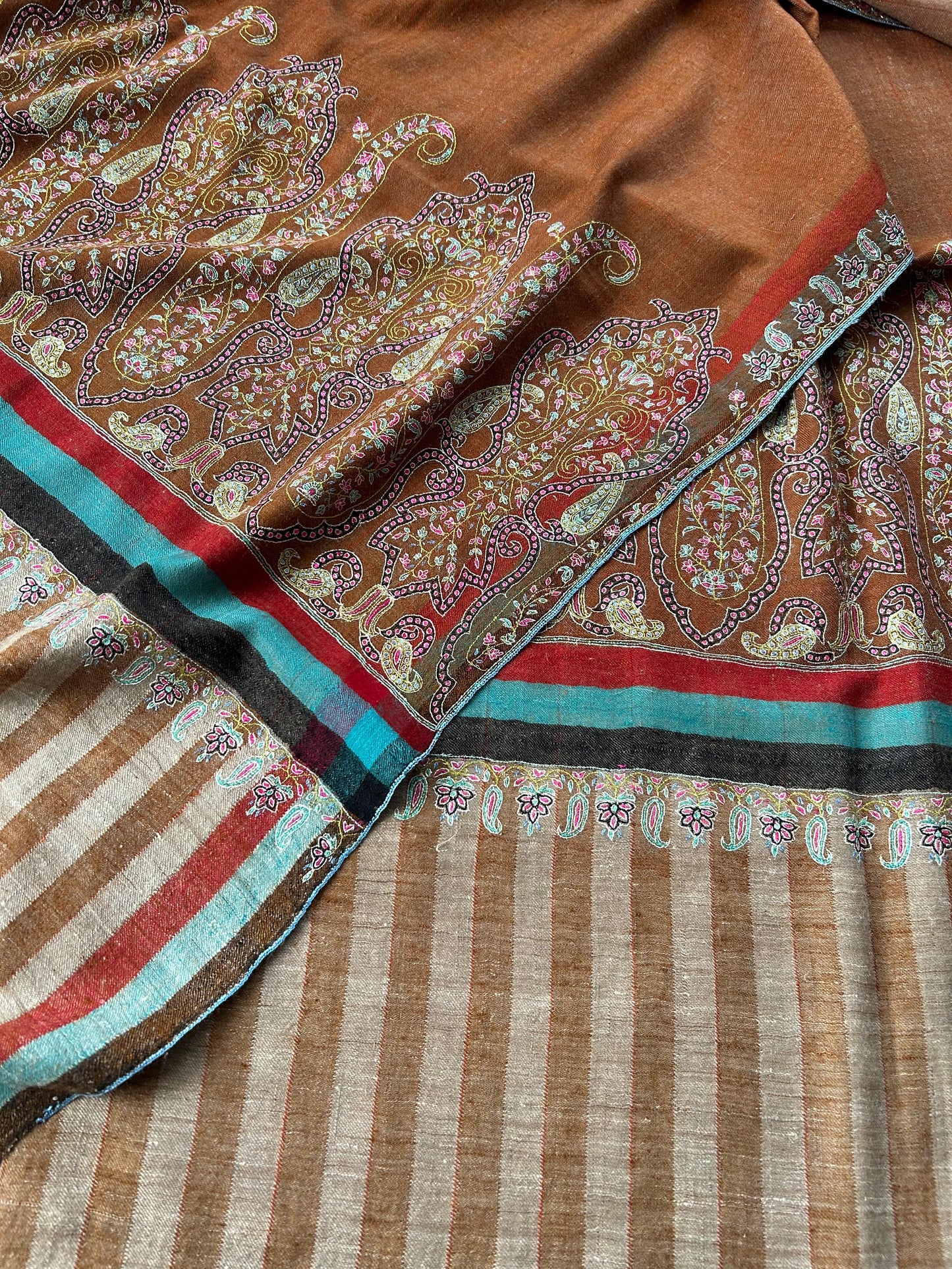 Coffee Brown Collector's Exclusive Vintage-Old Palla Silk Embroidery Handmade Kashmir Pashmina Shawl