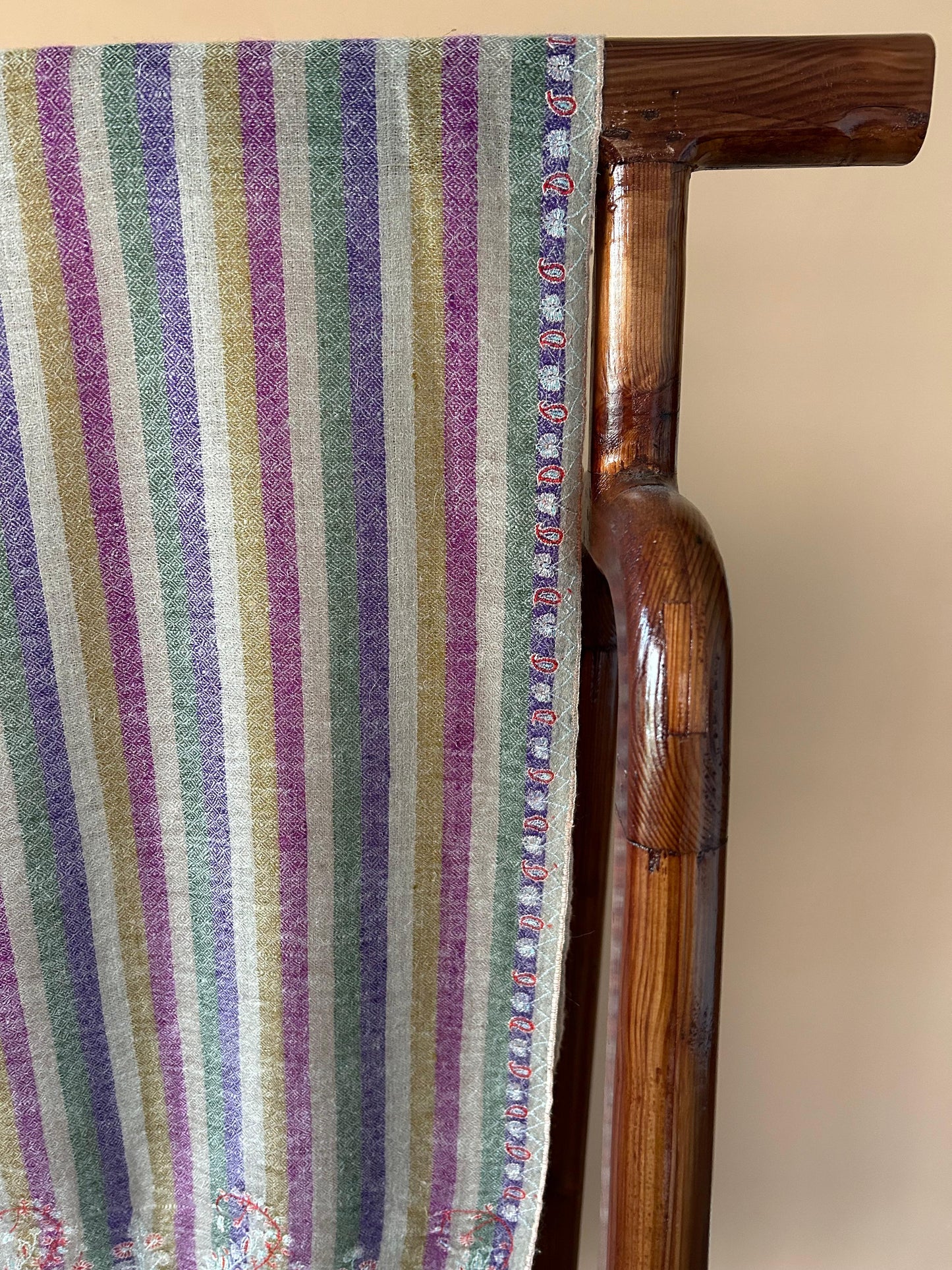 Collector's Exclusive Old Vintage Cashm-e-BulBul Striped Silk Embroidery Handmade Kashmir Pashmina Cashmere Shawl.