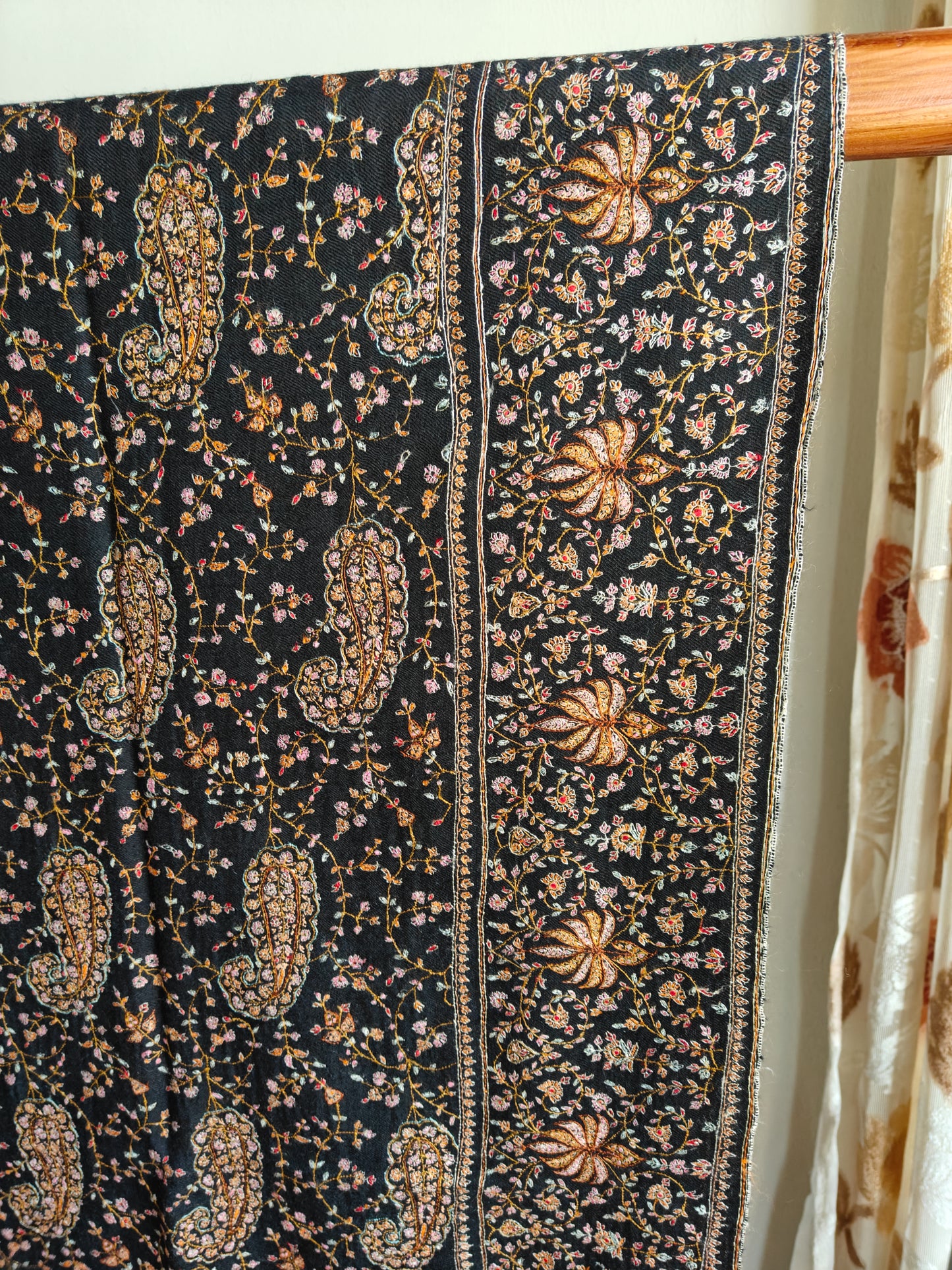 Carbon Black Timeless Collector's Exclusive Pure Pashmina Wrap, Handmade Kashmir Sozni Embroidered Shawl