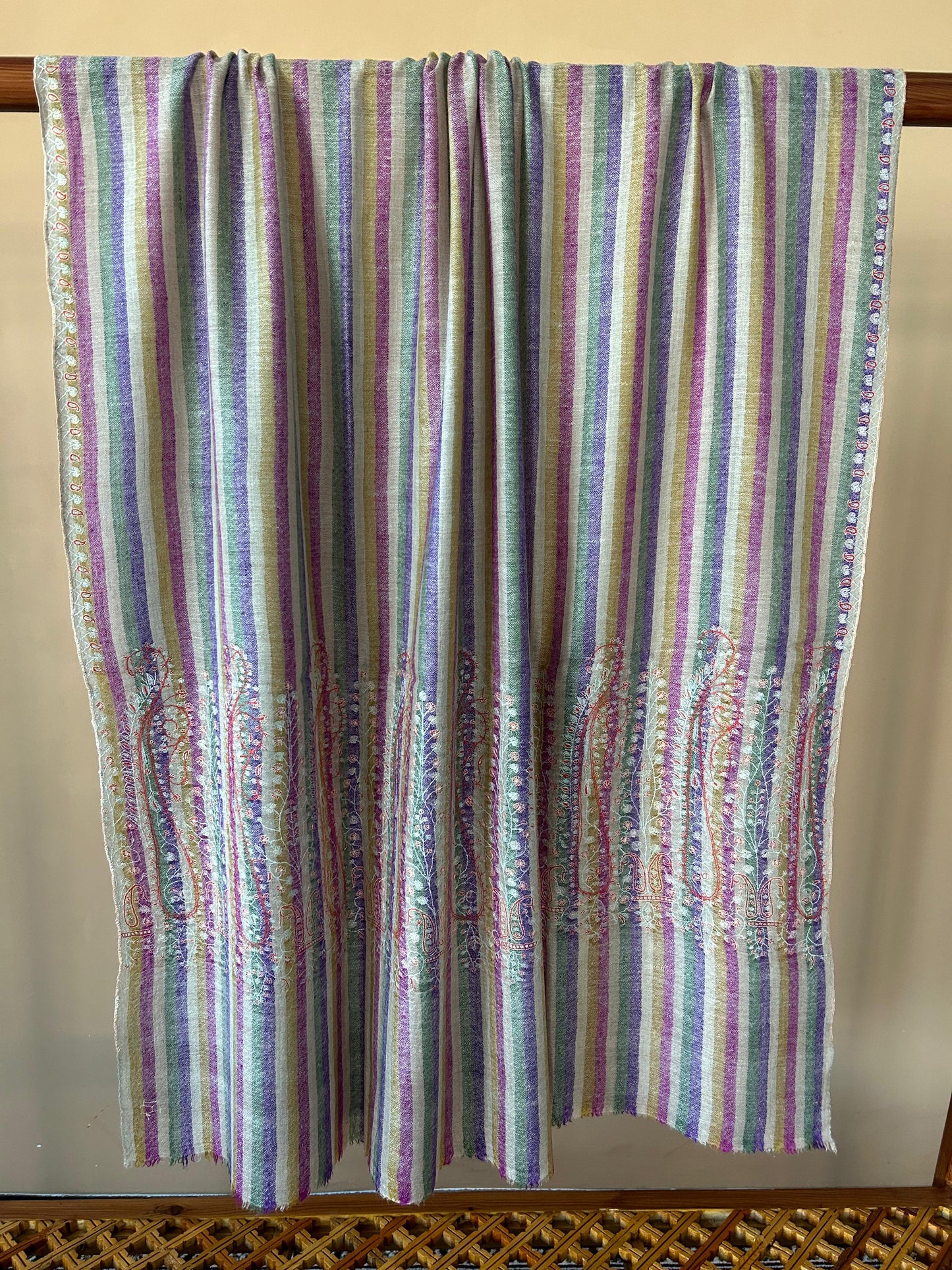 Collector's Exclusive Old Vintage Cashm-e-BulBul Striped Silk Embroidery Handmade Kashmir Pashmina Cashmere Shawl.
