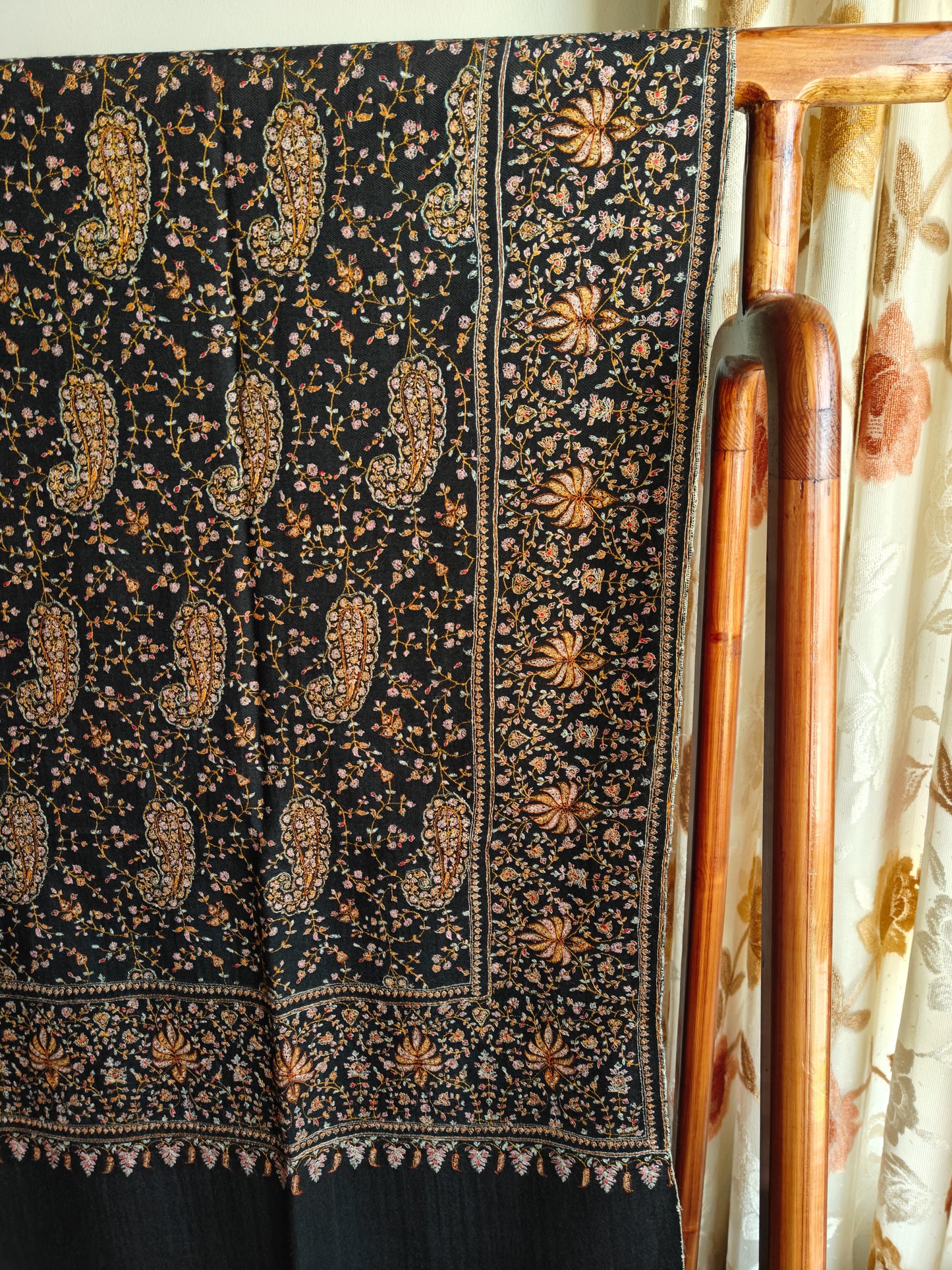 Carbon Black Timeless Collector's Exclusive Pure Pashmina Wrap, Handmade Kashmir Sozni Embroidered Shawl
