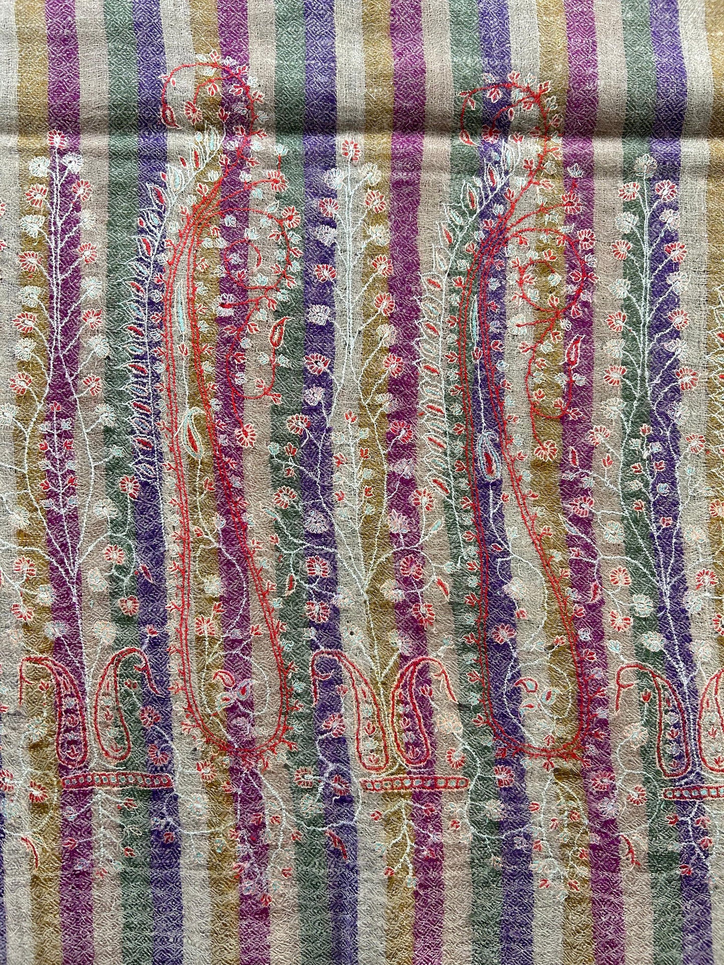 Collector's Exclusive Old Vintage Cashm-e-BulBul Striped Silk Embroidery Handmade Kashmir Pashmina Cashmere Shawl.