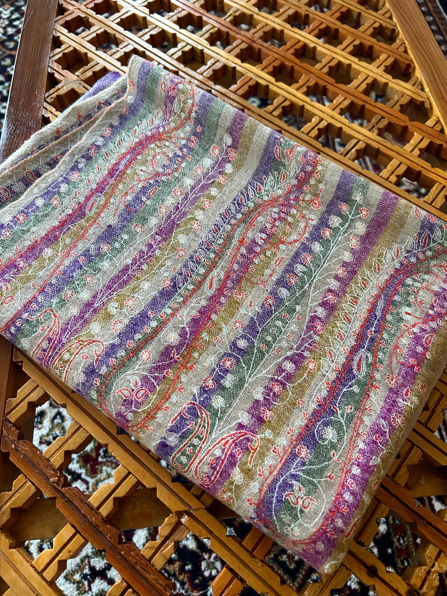 Collector's Exclusive Old Vintage Cashm-e-BulBul Striped Silk Embroidery Handmade Kashmir Pashmina Cashmere Shawl.
