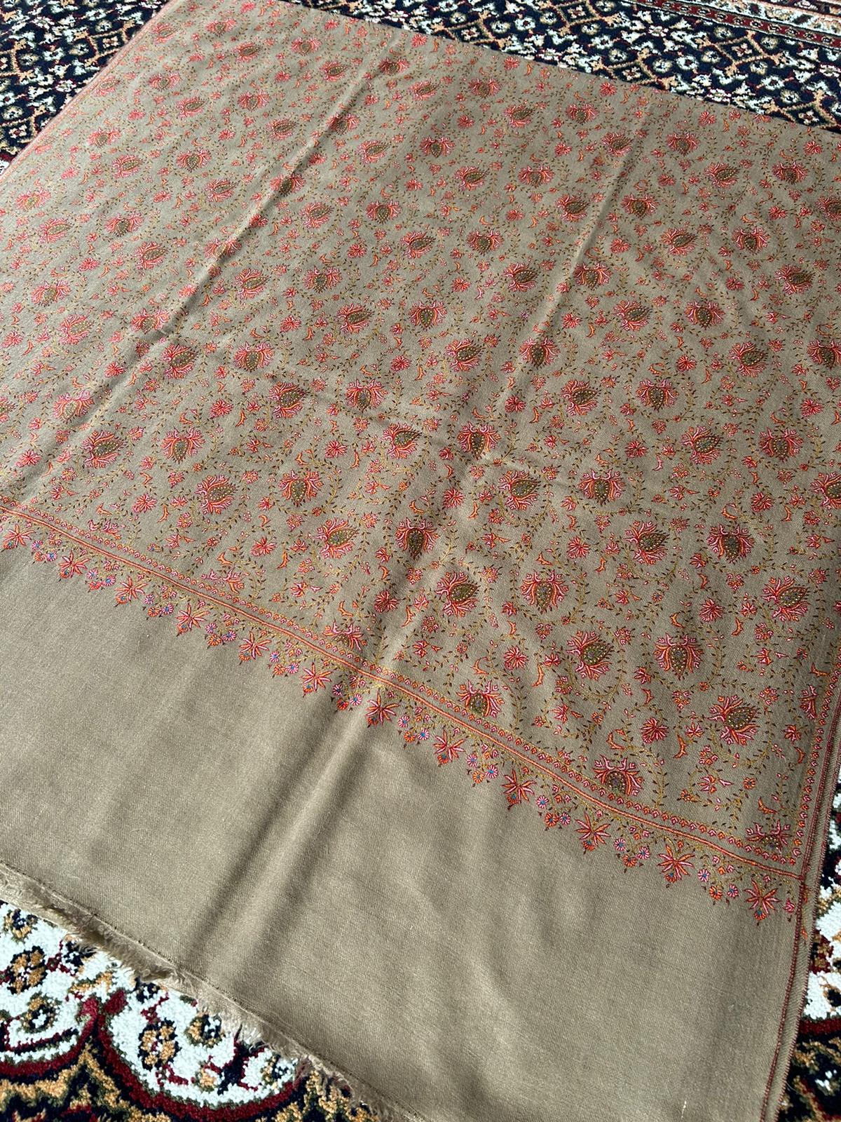 Beige GI Kashmir Pure Handmade Silk Embroidery Heavy Work Neem Jaal