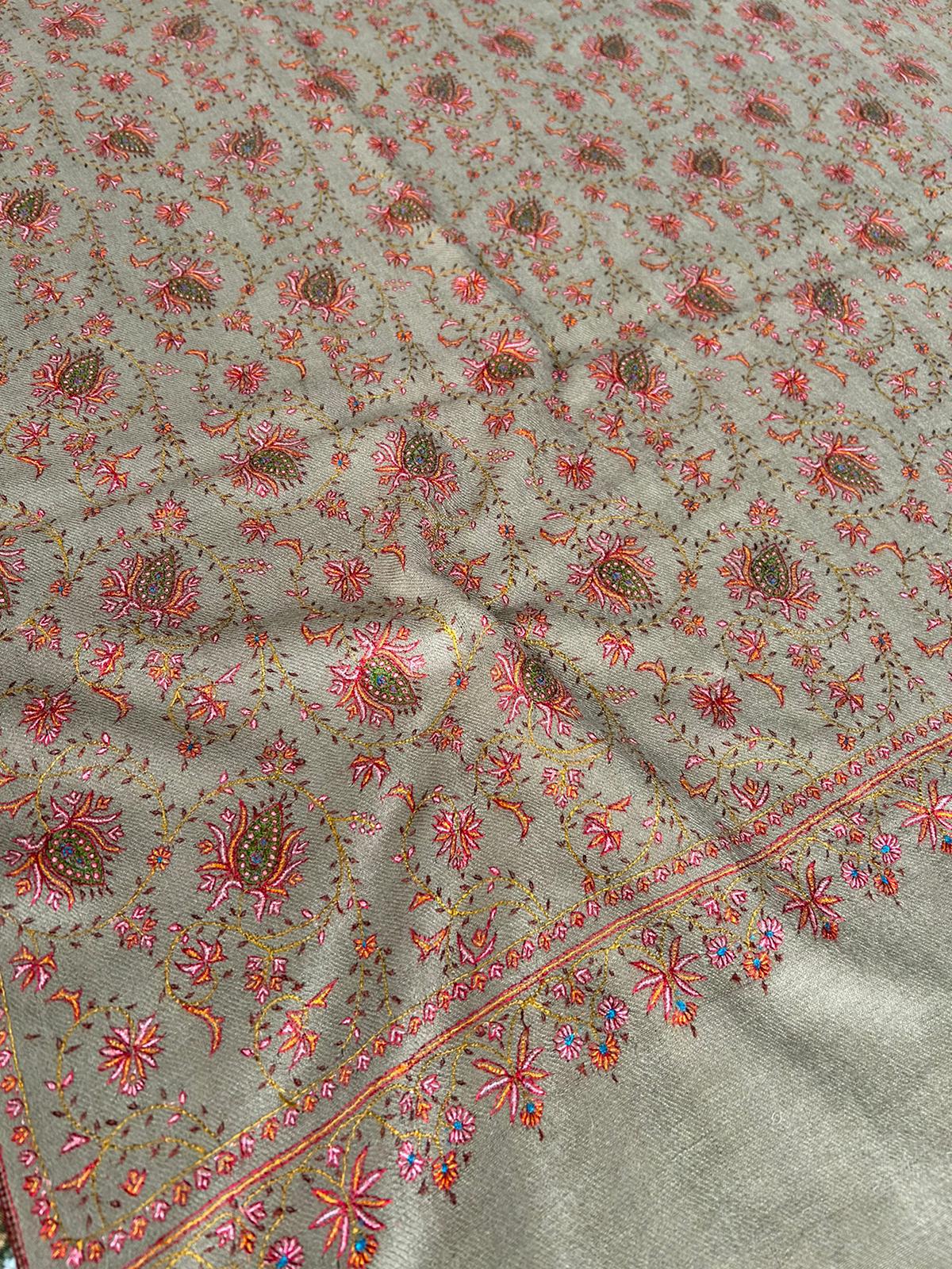 Beige GI Kashmir Pure Handmade Silk Embroidery Heavy Work Neem Jaal