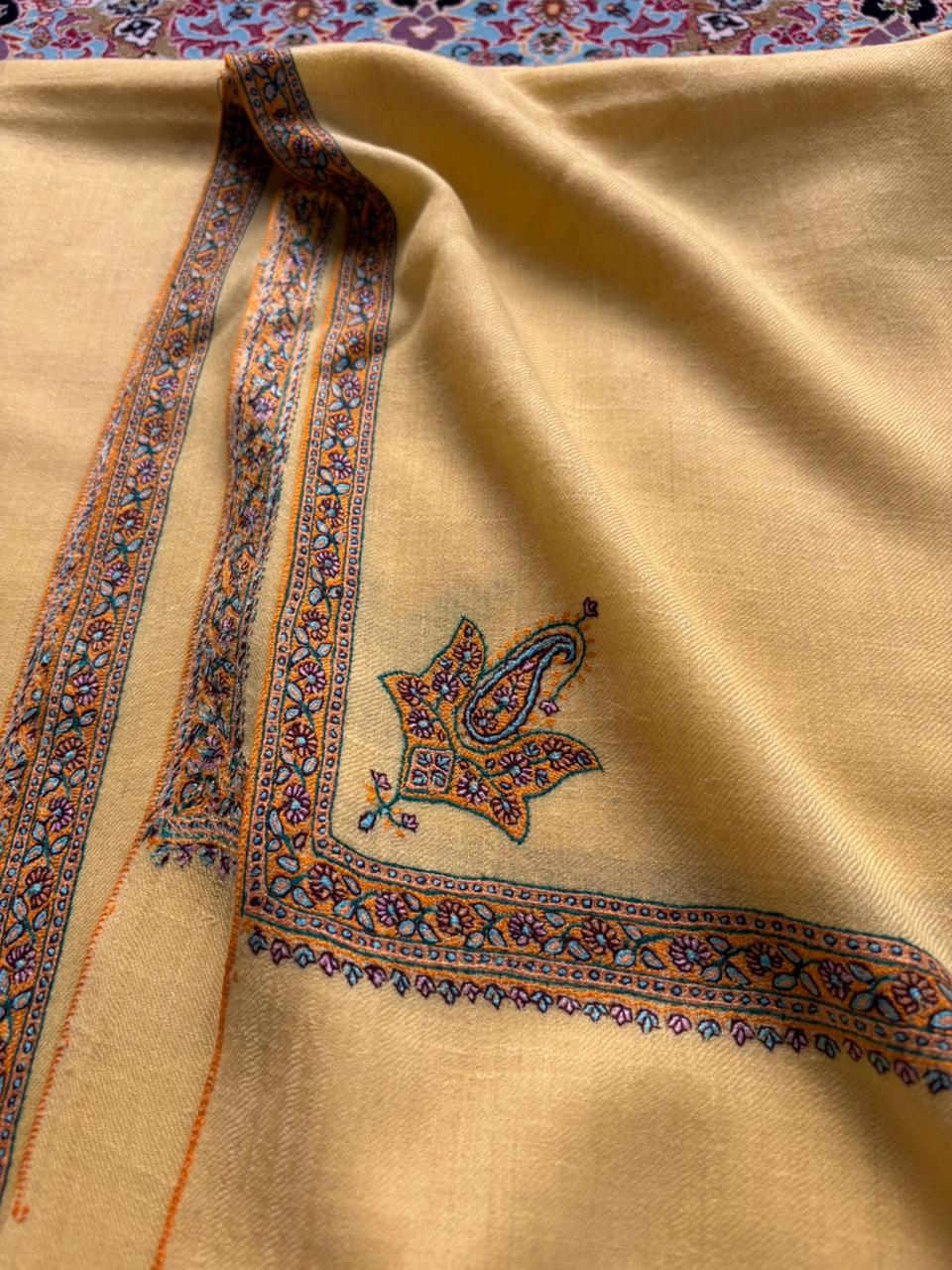 Ginger Yellow Pashmina Cashmere Silk Embroidery Hashidar