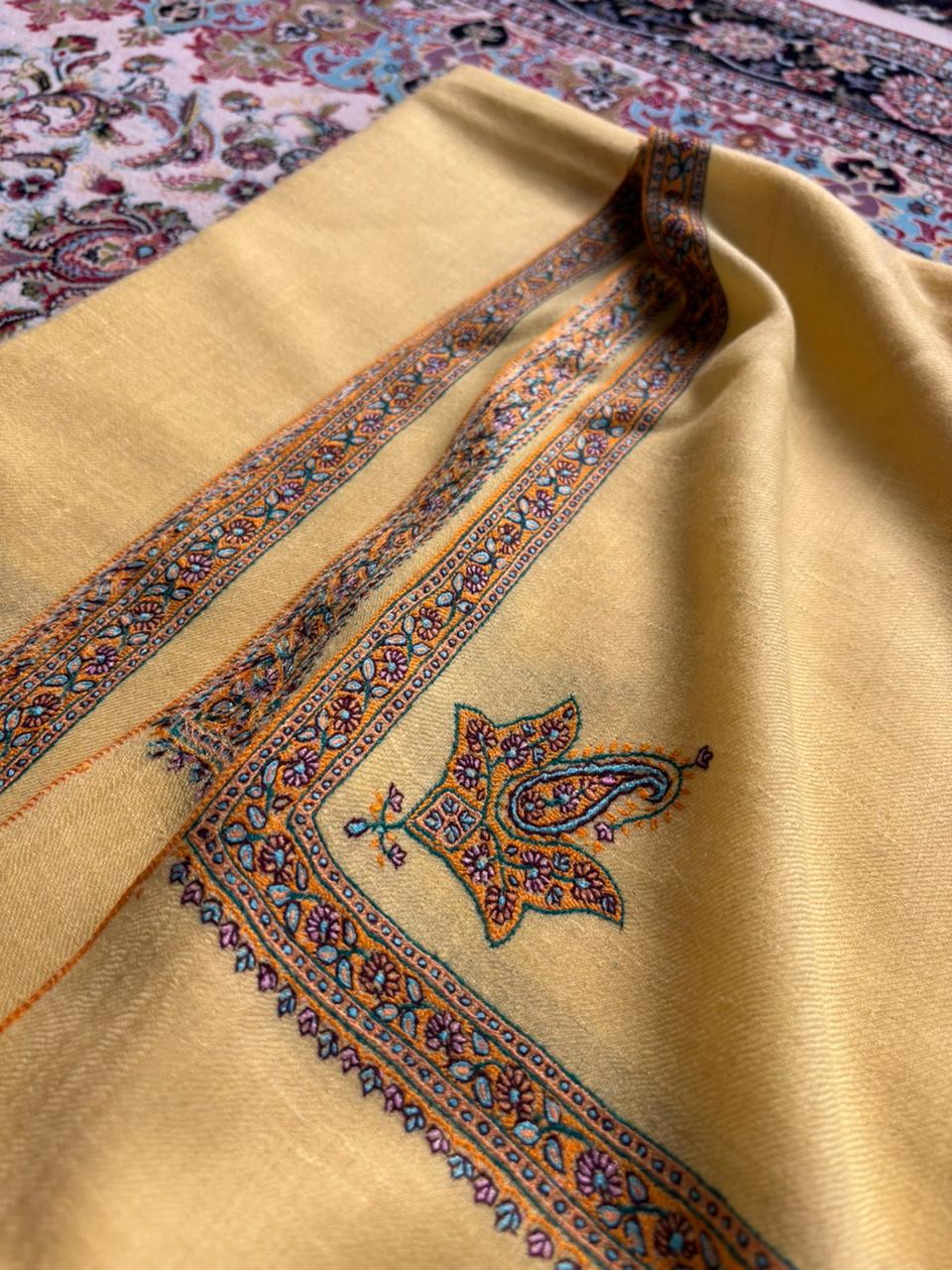 Ginger Yellow Pashmina Cashmere Silk Embroidery Hashidar
