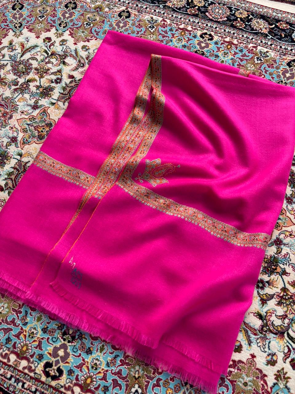 Bright Pink Pure Pashmina Silk Embriodery Hashidar Shawl