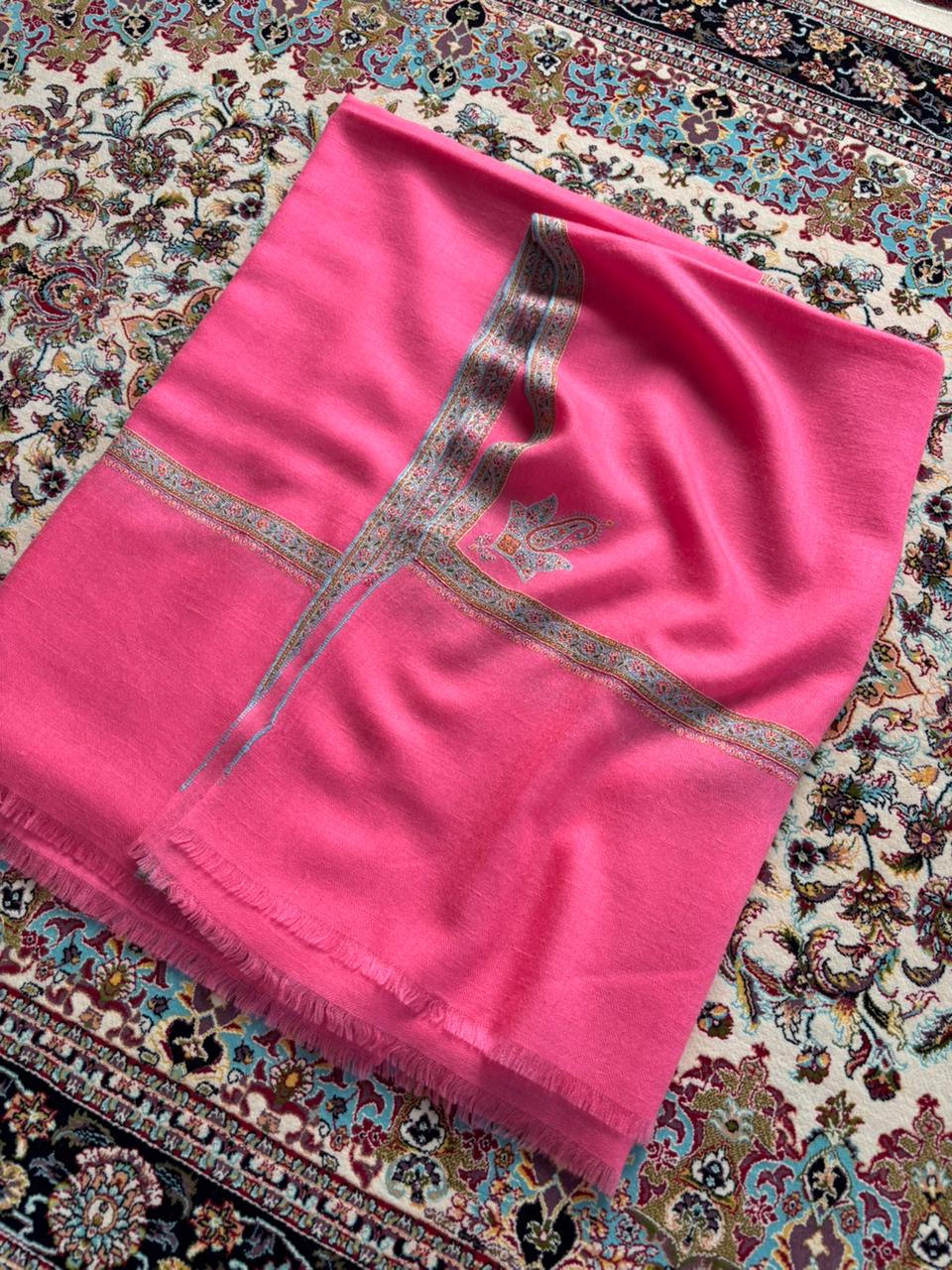 Baby Pink Pure Cashmere Pashmina Silk Embroidery Hashidar Shawl