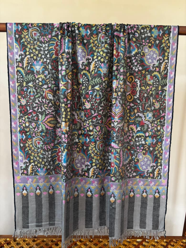 Charcoal Grey Masterpiece Kani Pashmina Shawl Timeless Wrap Collector's Exclusive Handmade Handwoven S.S