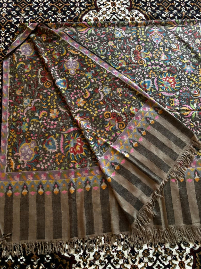 Charcoal Grey Masterpiece Kani Pashmina Shawl Timeless Wrap Collector's Exclusive Handmade Handwoven S.S