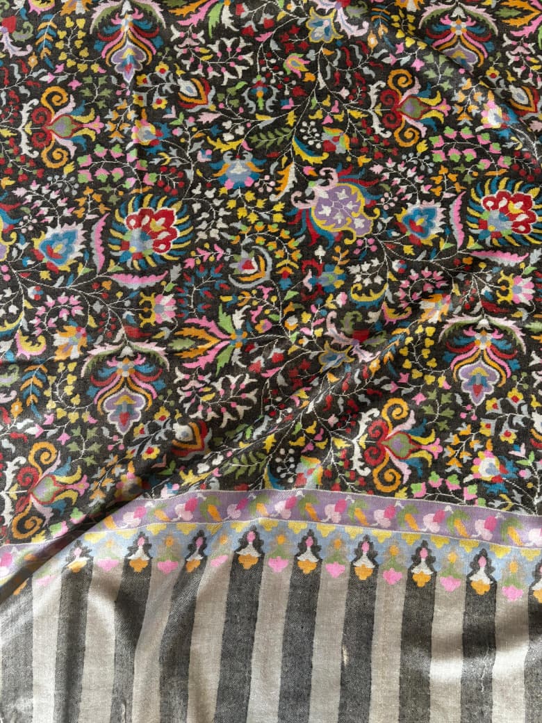 Charcoal Grey Masterpiece Kani Pashmina Shawl Timeless Wrap Collector's Exclusive Handmade Handwoven S.S