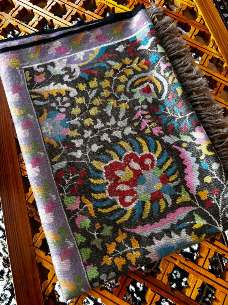 Charcoal Grey Masterpiece Kani Pashmina Shawl Timeless Wrap Collector's Exclusive Handmade Handwoven S.S