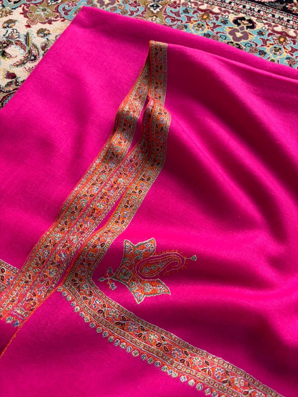 Bright Pink Pure Pashmina Silk Embriodery Hashidar Shawl