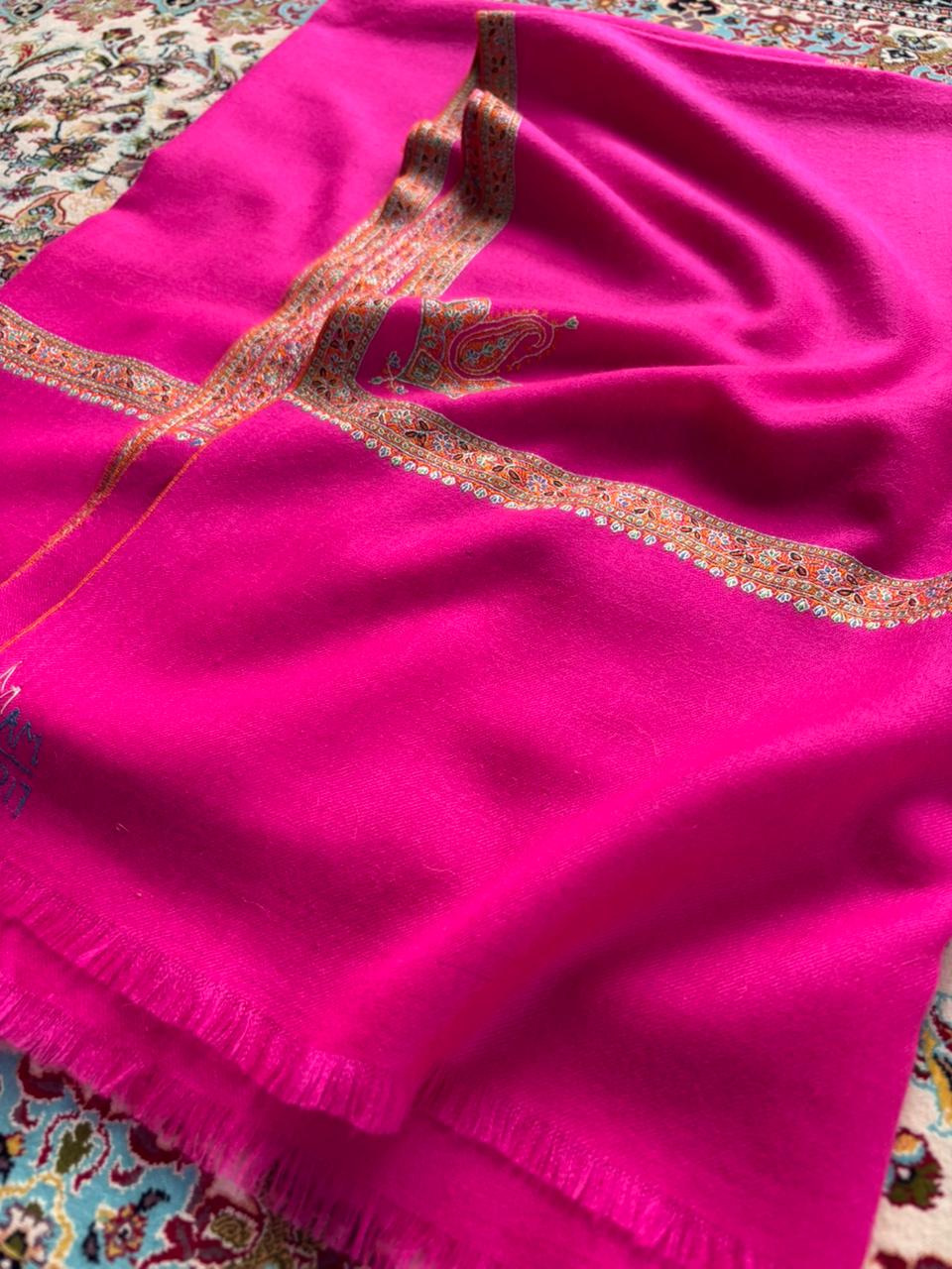 Bright Pink Pure Pashmina Silk Embriodery Hashidar Shawl