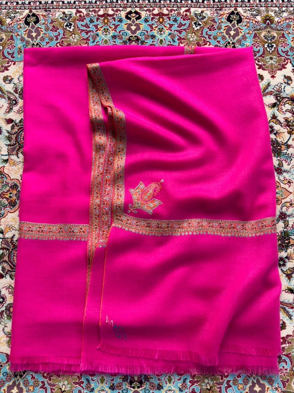 Bright Pink Pure Pashmina Silk Embriodery Hashidar Shawl