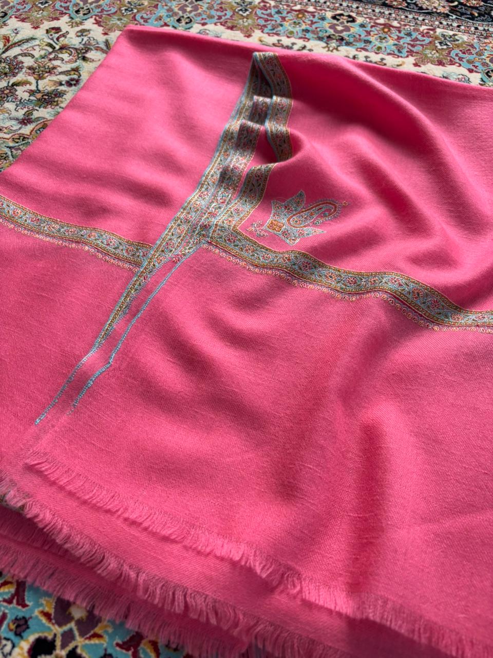Baby Pink Pure Cashmere Pashmina Silk Embroidery Hashidar Shawl