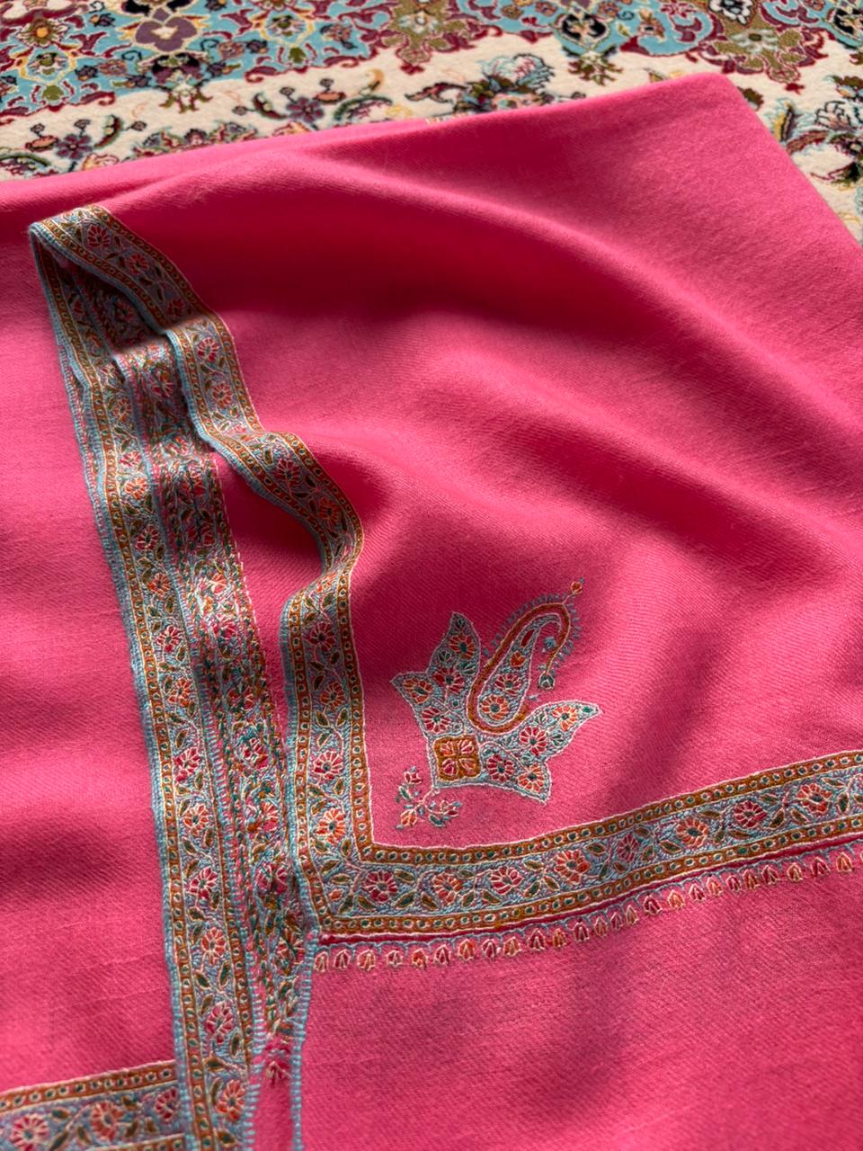 Baby Pink Pure Cashmere Pashmina Silk Embroidery Hashidar Shawl