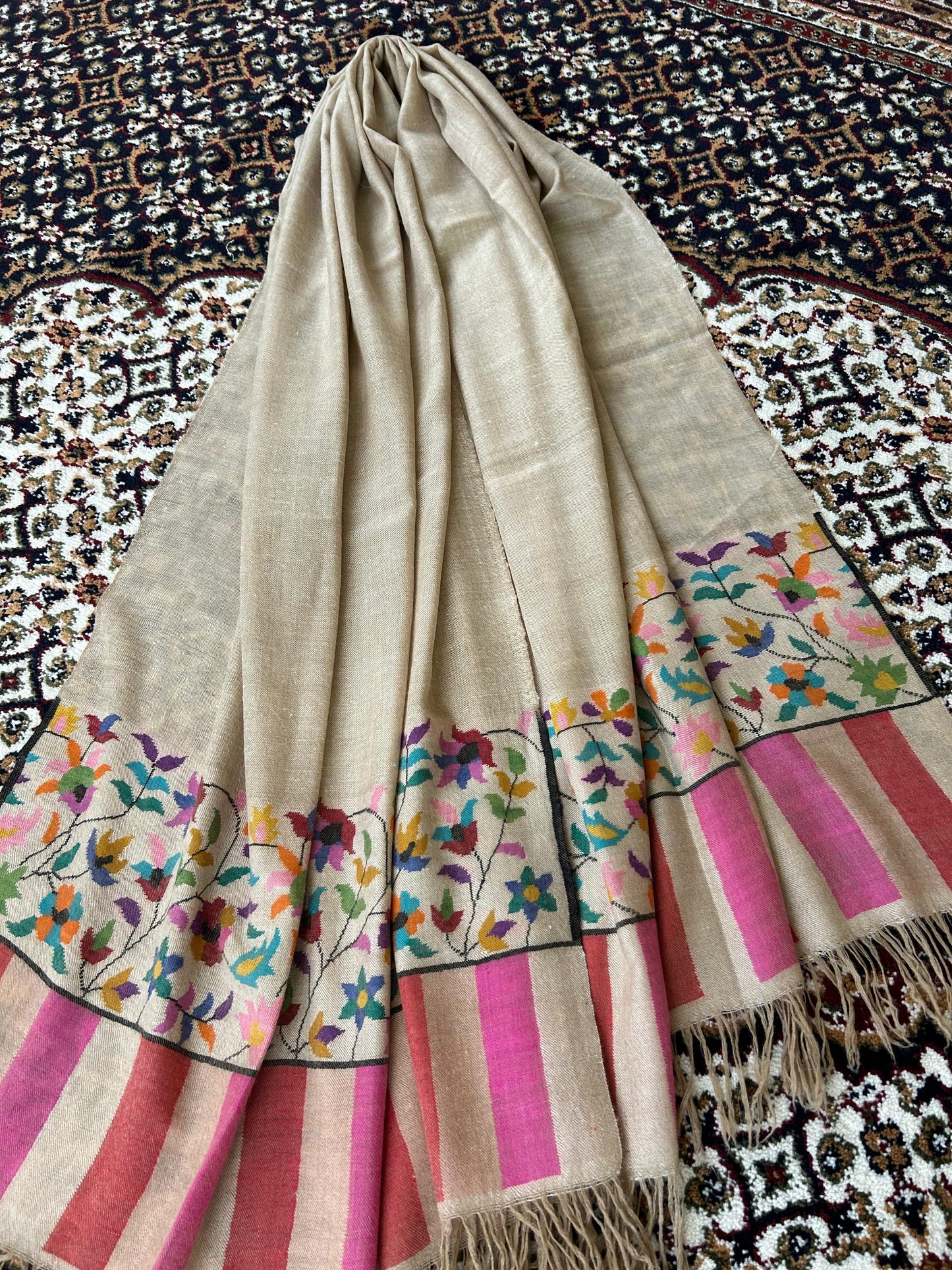 Natural Zati Color Pure Kashmir Pashmina Handmade Half kani Shawl