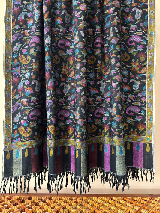 Carbon Black Pure Pashmina Lady size 80x40 inches Handmade Kani Shawl.