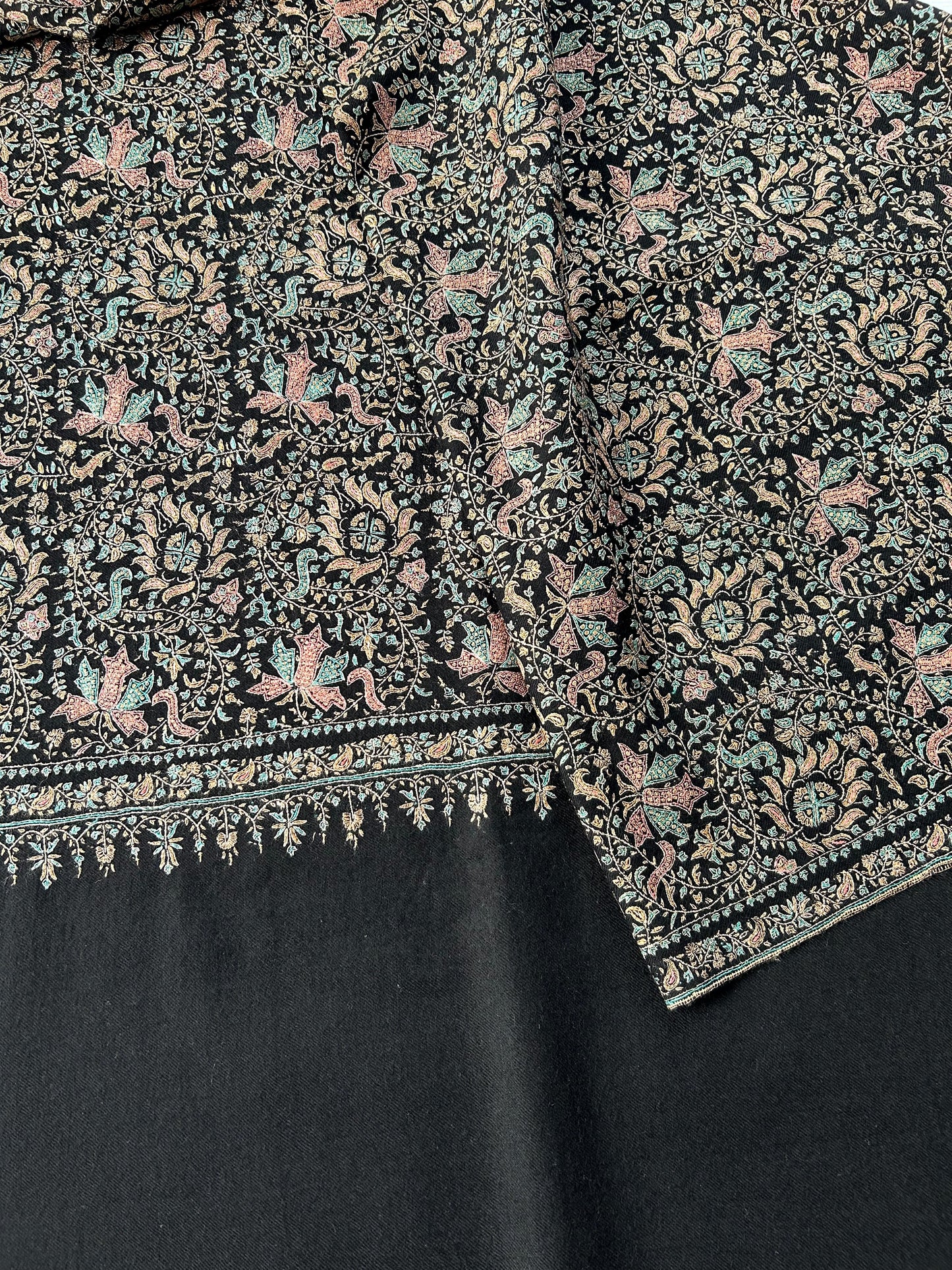 Jet Black Exclusive Reshamkaar(Silk Embroidery) Pure Pashmina Jamawar Shawl