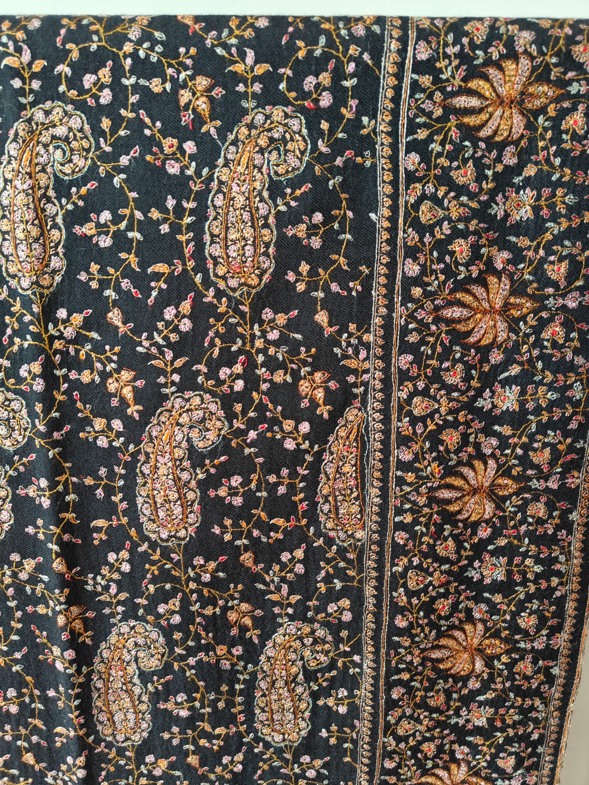 Qr Tagged Carbon Black Timeless Collector's Exclusive Pure Pashmina Wrap, Handmade Kashmir Sozni Embroidered Shawl