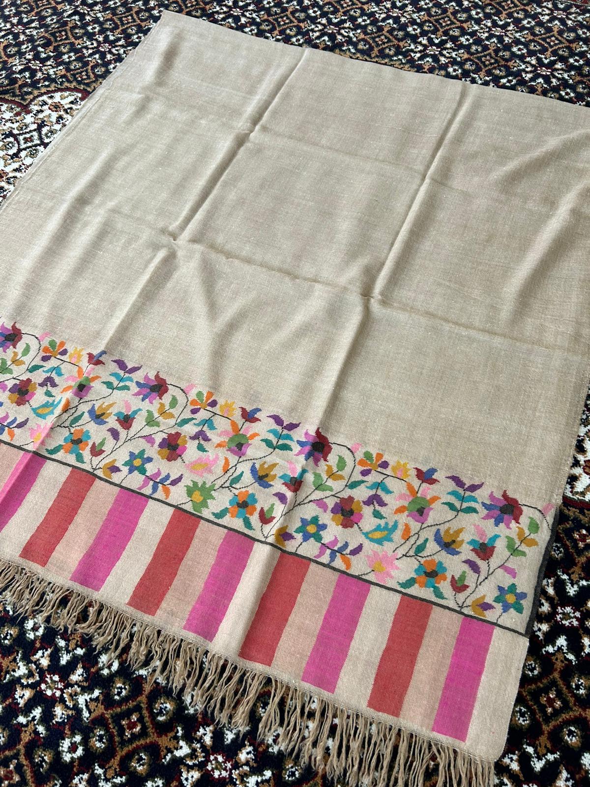 Natural Zati Color Pure Kashmir Pashmina Handmade Half kani Shawl