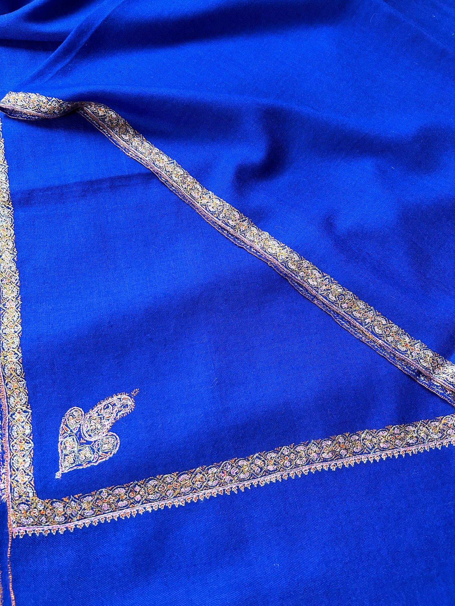 Royal Blue Pure Cashmere Handmade Pashmina Hashidar Sozni Embroidered Shawl