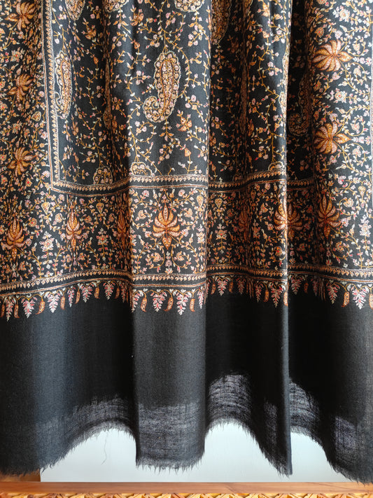 Qr Tagged Carbon Black Timeless Collector's Exclusive Pure Pashmina Wrap, Handmade Kashmir Sozni Embroidered Shawl